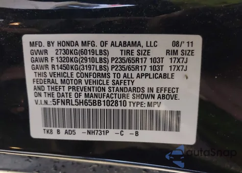 2011 Honda Odyssey Exl from USA, damaged, VIN 5FNRL5H65BB102810